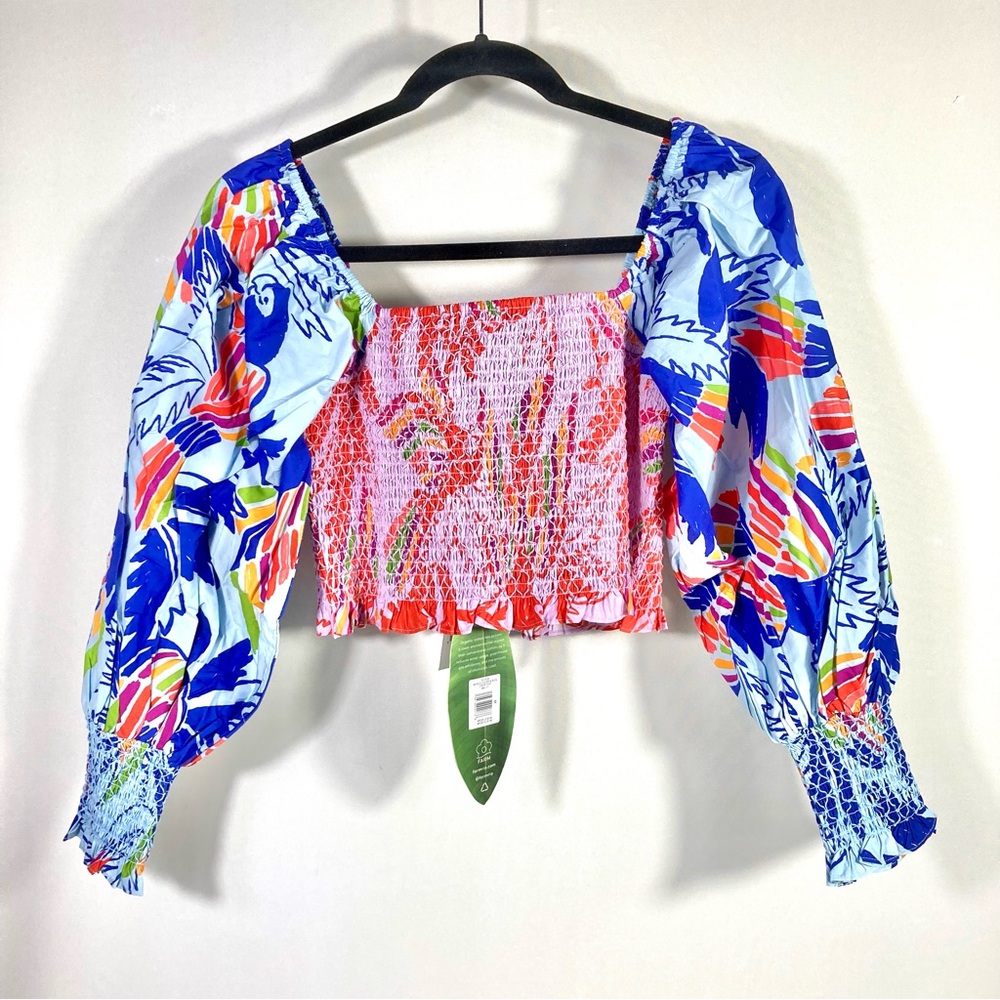 Farm Rio Mixed Print Smocked Cotton Crop Top Puff Sleeve Medium NWT - Picture 6 of 12